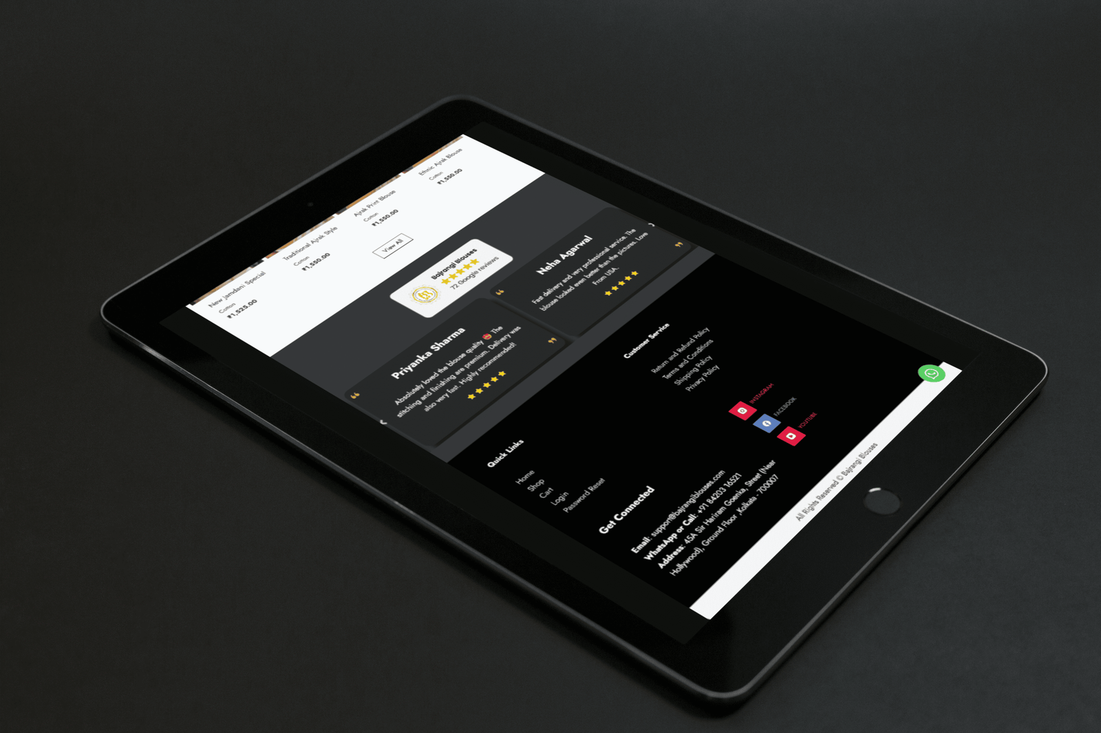 Bajrangi blouses website footer in tablet device
